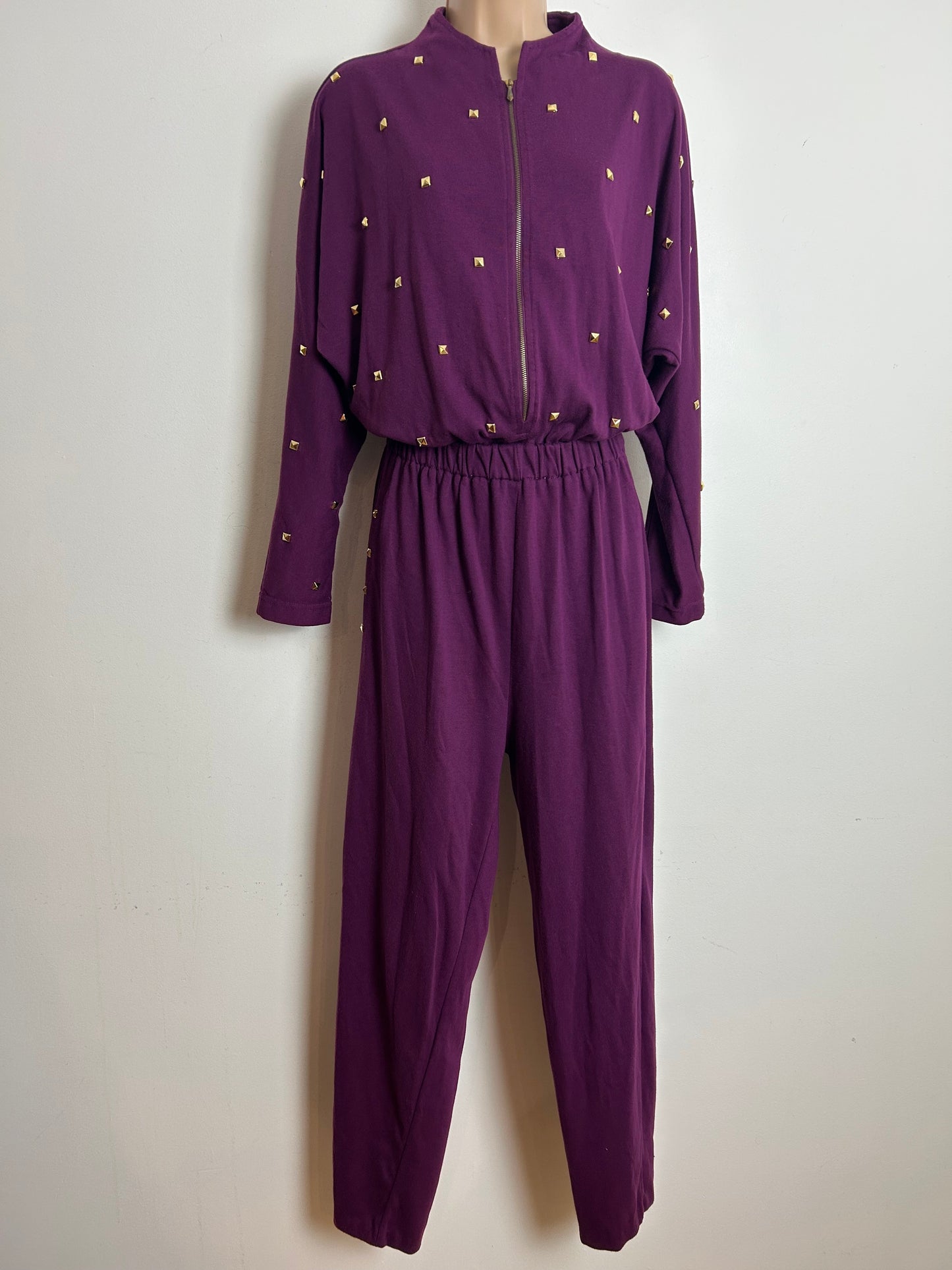 Vintage 1980s STYLES TO GO Size 10-12 Purple Jersey Stud Detail Zip Fronted Casual Jumpsuit