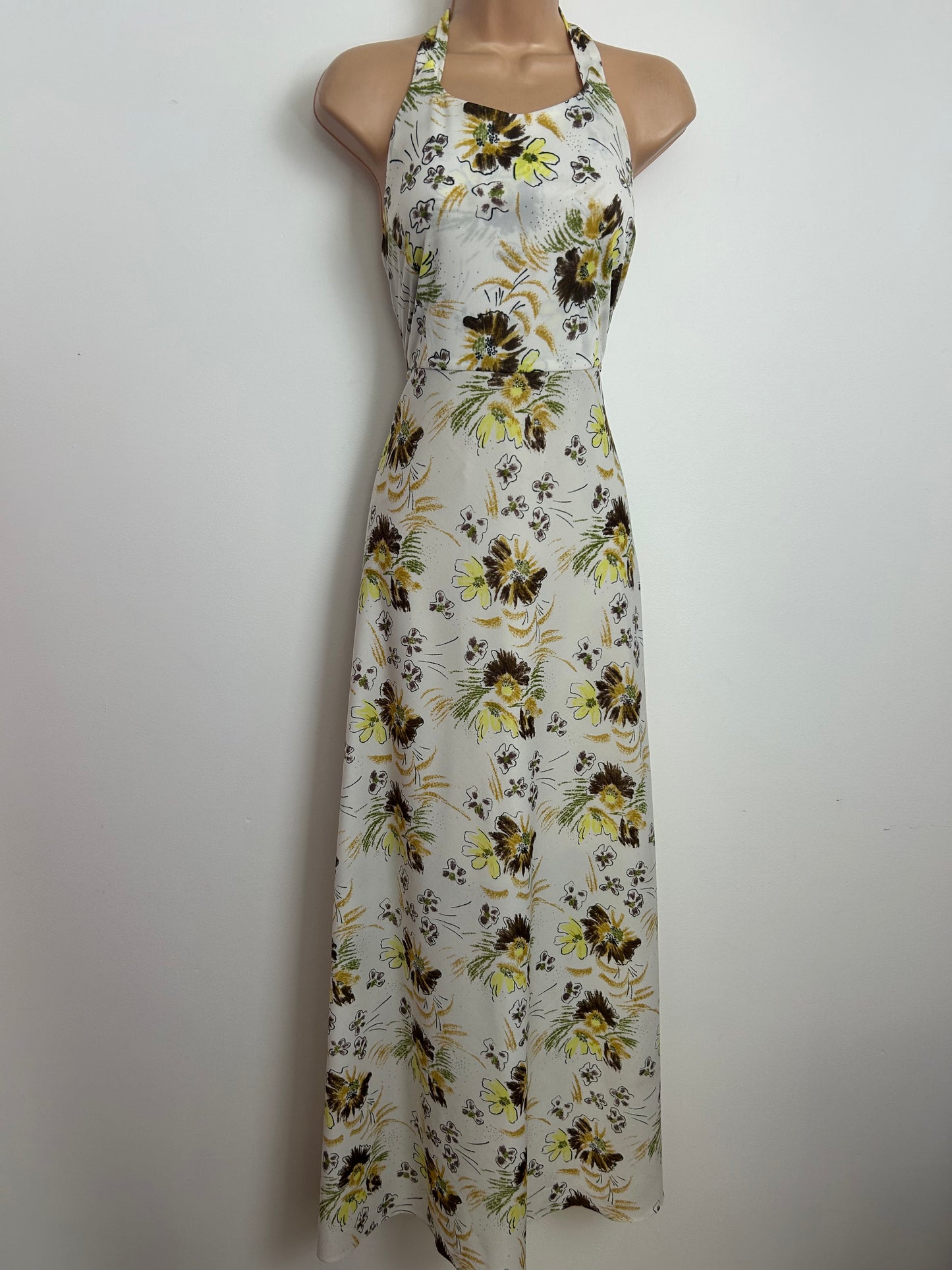 Vintage 1970s 10 White Brown & Yellow Floral Print Halter Neck Button & Lace Up Detail Maxi Dress