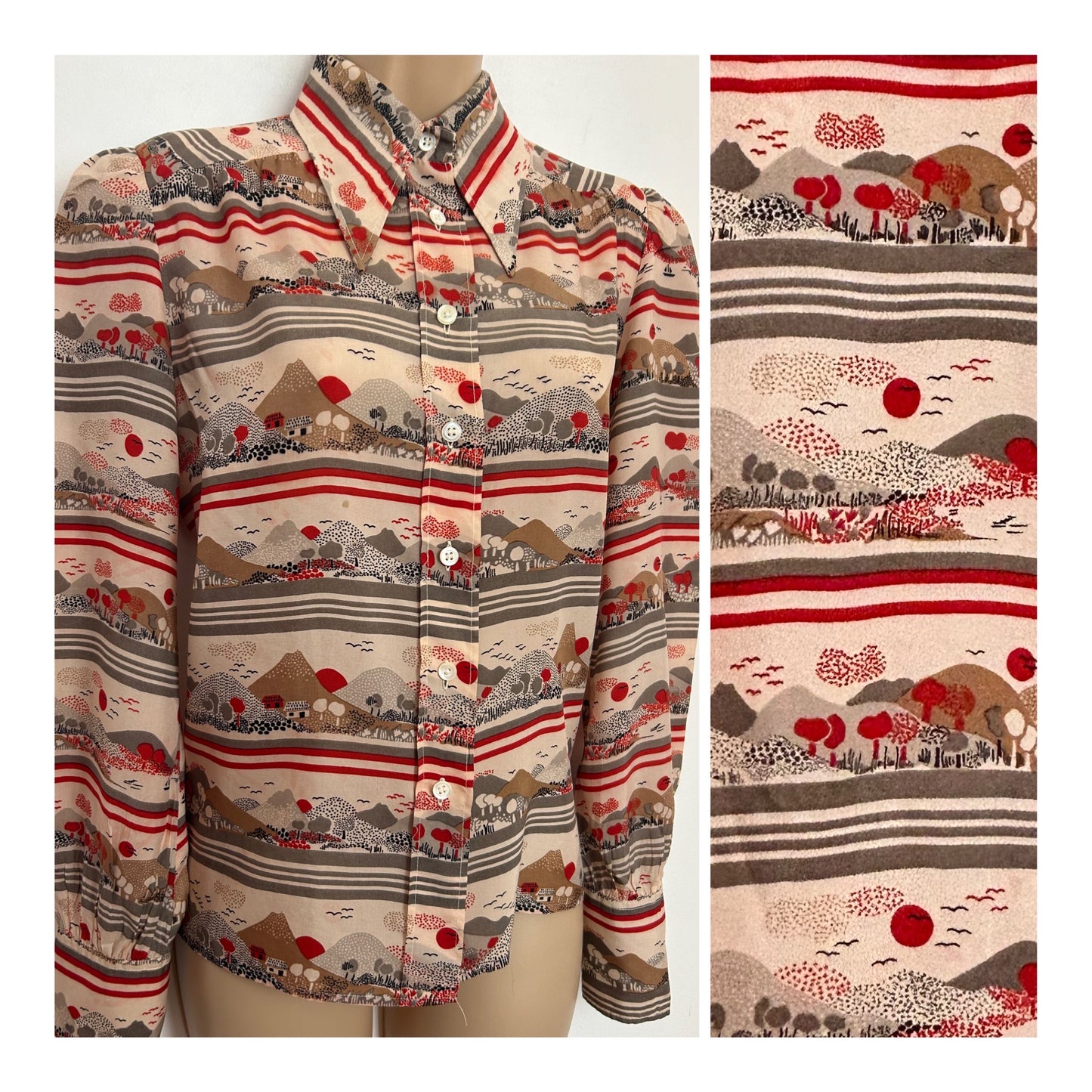 Vintage 1970s UK Size 12 Beige Brown Grey & Red Country Hill Trees & Cottage Novelty Print Dagger Collar Shirt