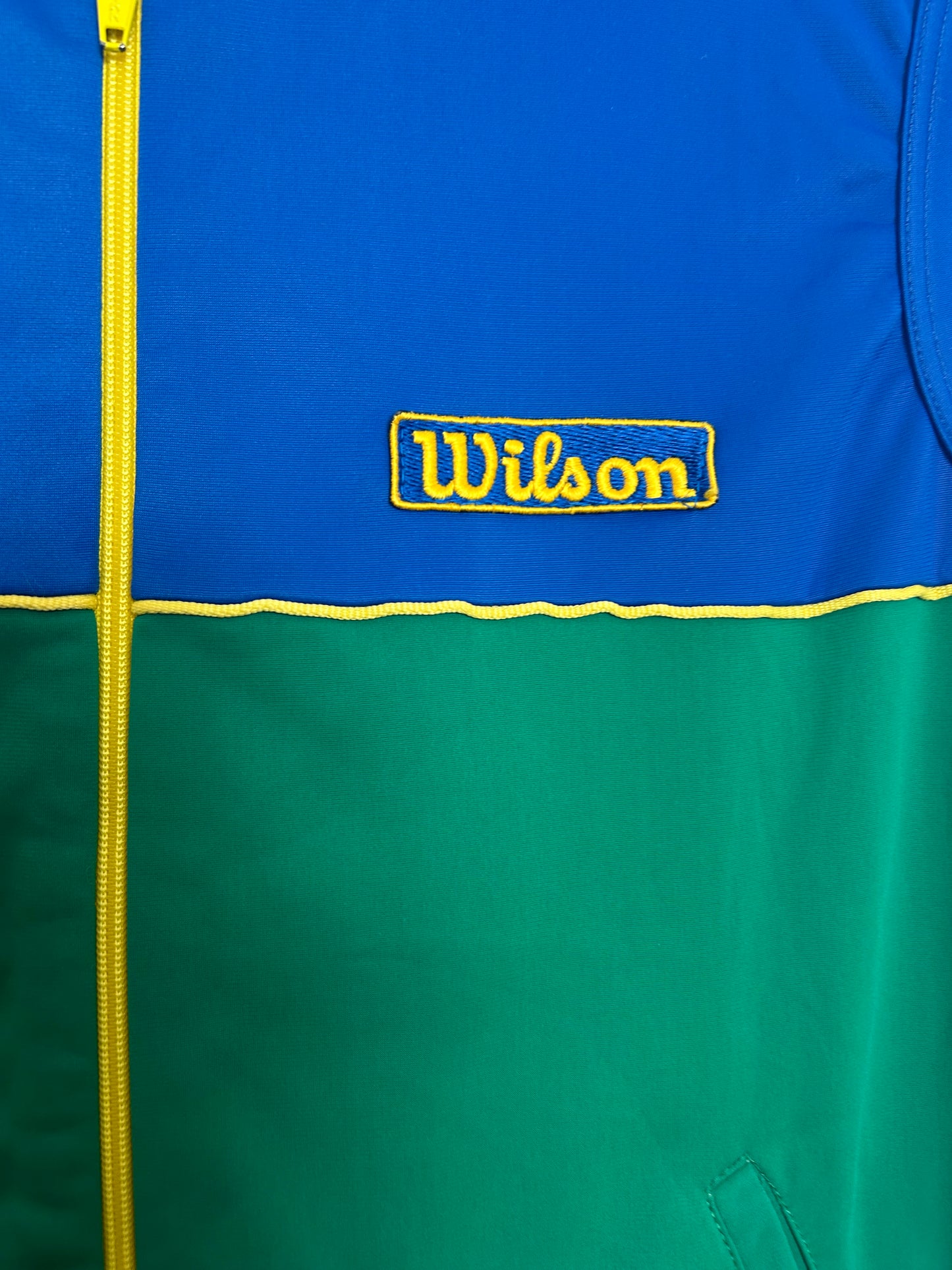 Vintage WILSON PROSTAFF Tennis-Wear Size 12 Blue Green & Yellow Retro Sleeveless Gilet Windbreaker