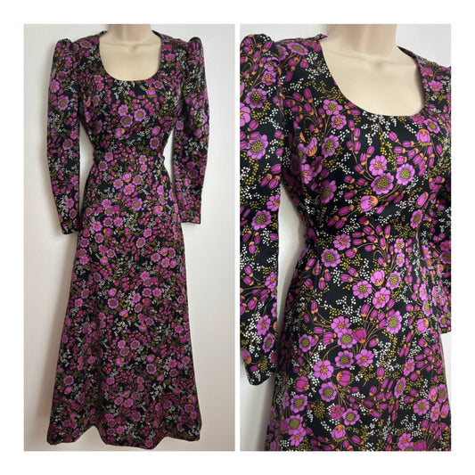 Vintage 1970s Size 8 Black & Dark Pink Floral Print Long Sleeve Tie Back Maxi Dress