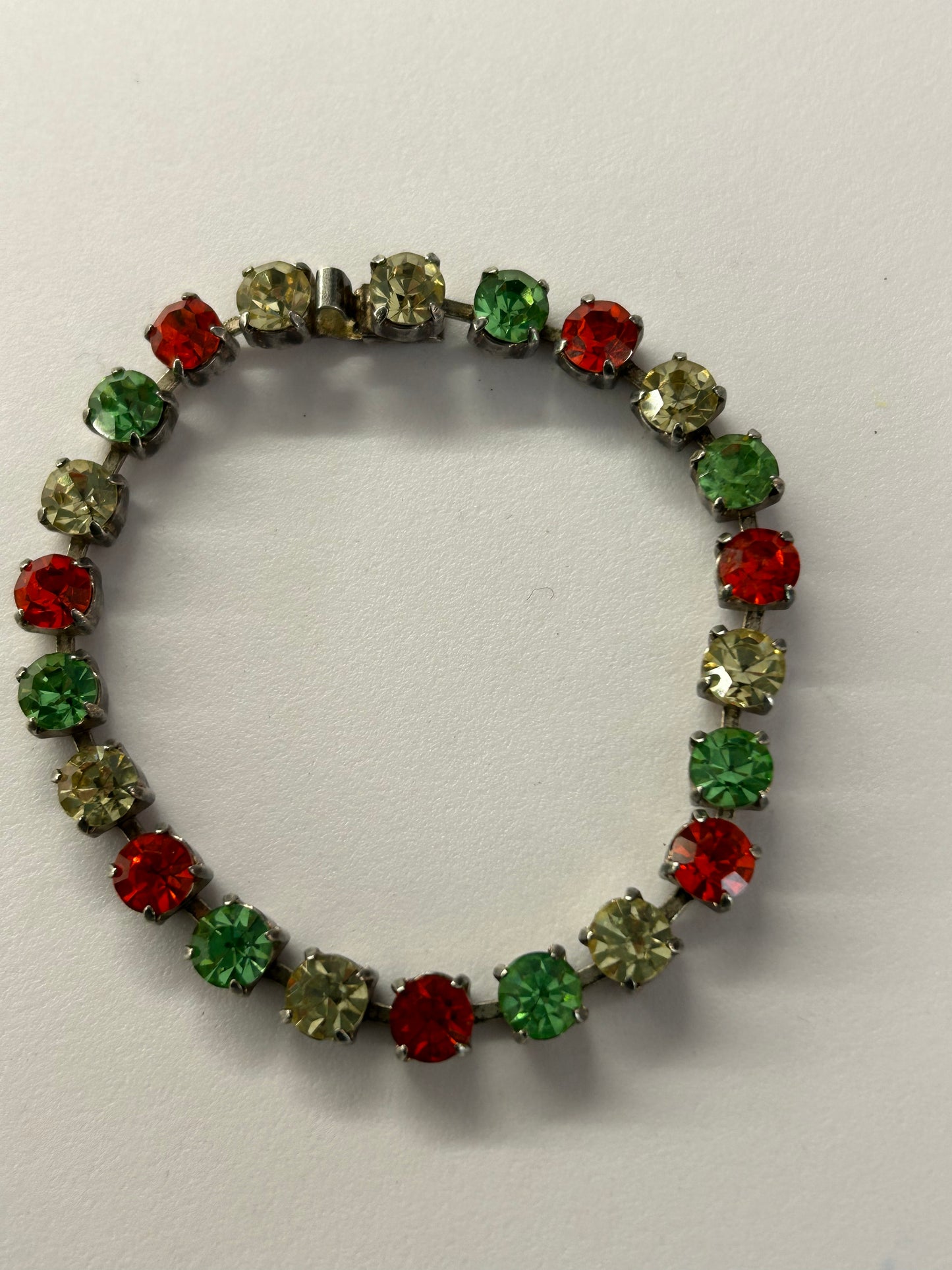 Vintage 1970s Silver Tone Bracelet Set With Green Red & Citrine Glass Stones.