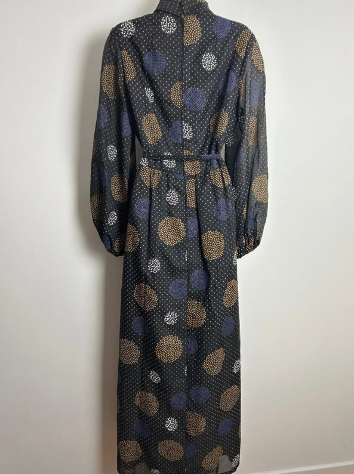 Vintage 1970s Size 12 Black Brown Purple & White Polka Dot Spotty Circle Print Belted Maxi Dress