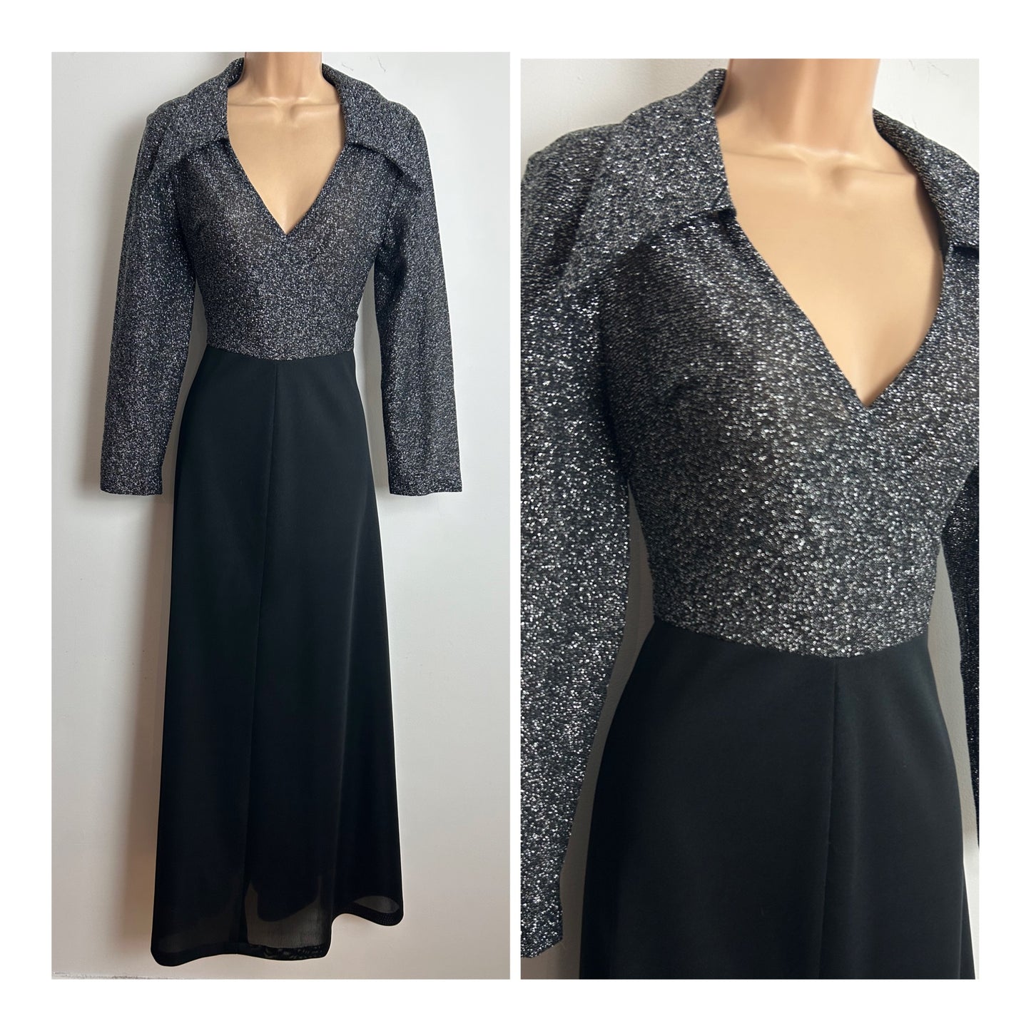 Vintage 1970s Size 12 Black & Silver Glittery Shimmery Lurex Dagger Collar Long Sleeve Evening Maxi Dress