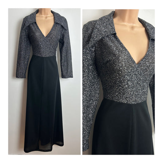 Vintage 1970s Size 12 Black & Silver Glittery Shimmery Lurex Dagger Collar Long Sleeve Evening Maxi Dress
