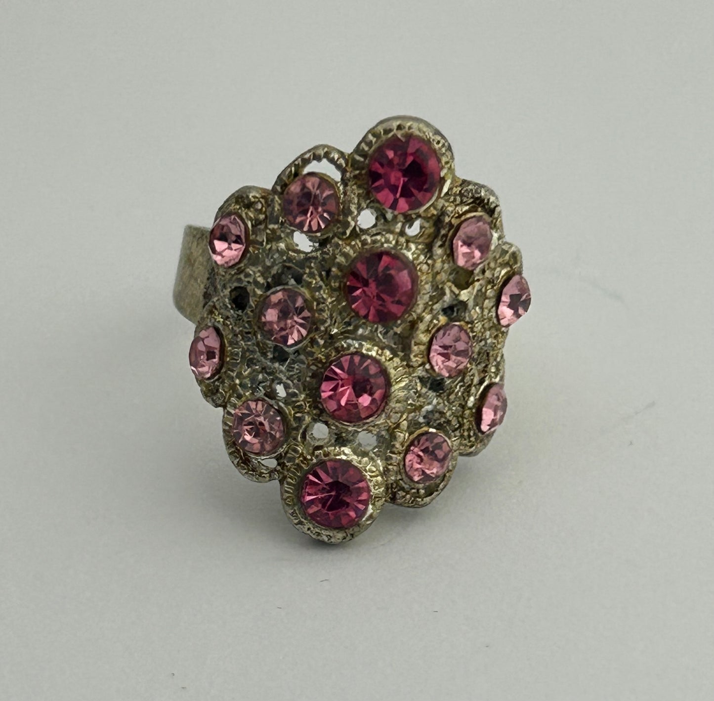 Vintage Silver Tone Metal & Purple Pink Diamante Stone Set Adjustable Ring Up To UK Size U