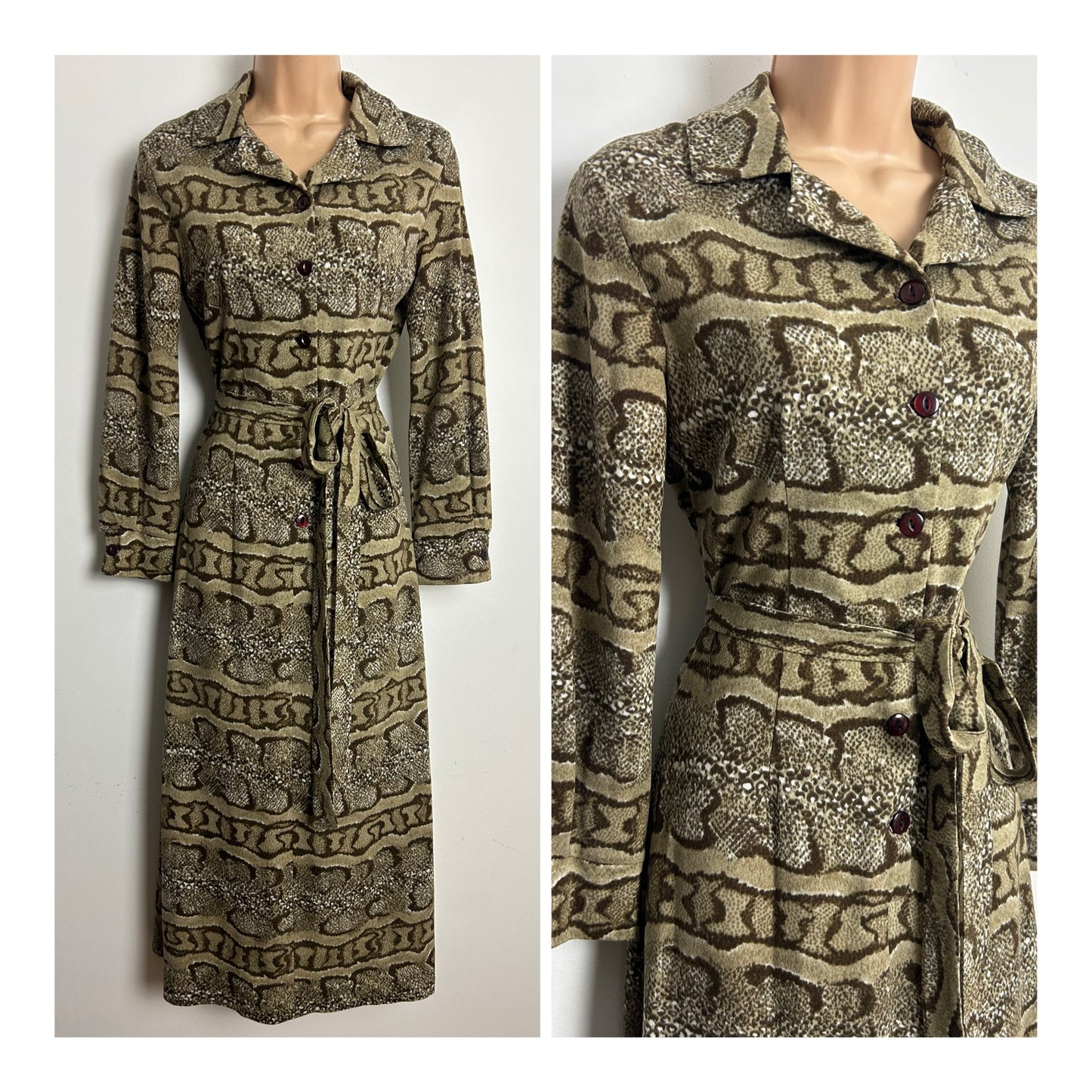 Vintage 1970s PETER SAUNDERS AVON TWEEDS Size 6-8 Brown Tones Snake Skin Print Belted Jersey Day Dress