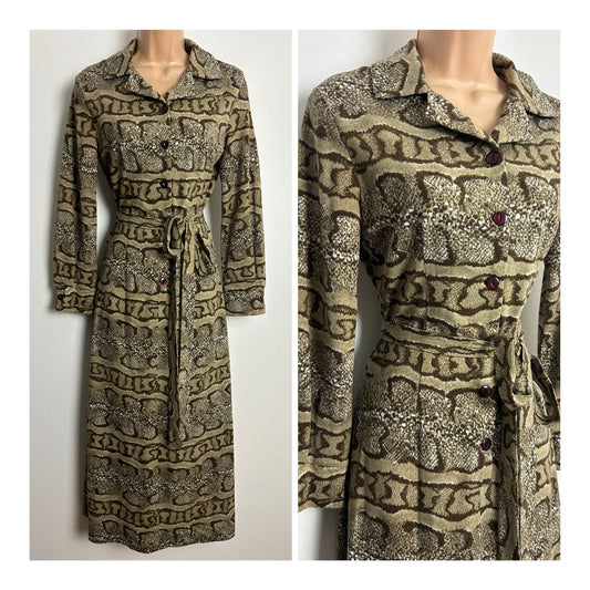 Vintage 1970s PETER SAUNDERS AVON TWEEDS Size 6-8 Brown Tones Snake Skin Print Belted Jersey Day Dress