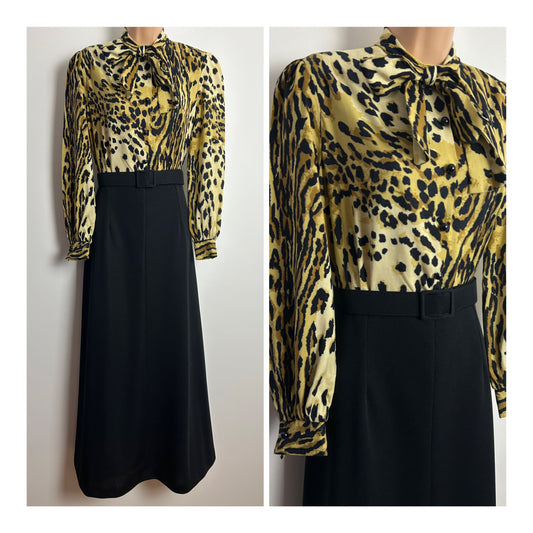 Vintage 1970s DEADSTOCK Size 8 Black & Dark Beige Animal Leopard Print Belted Pussy Bow Maxi Dress