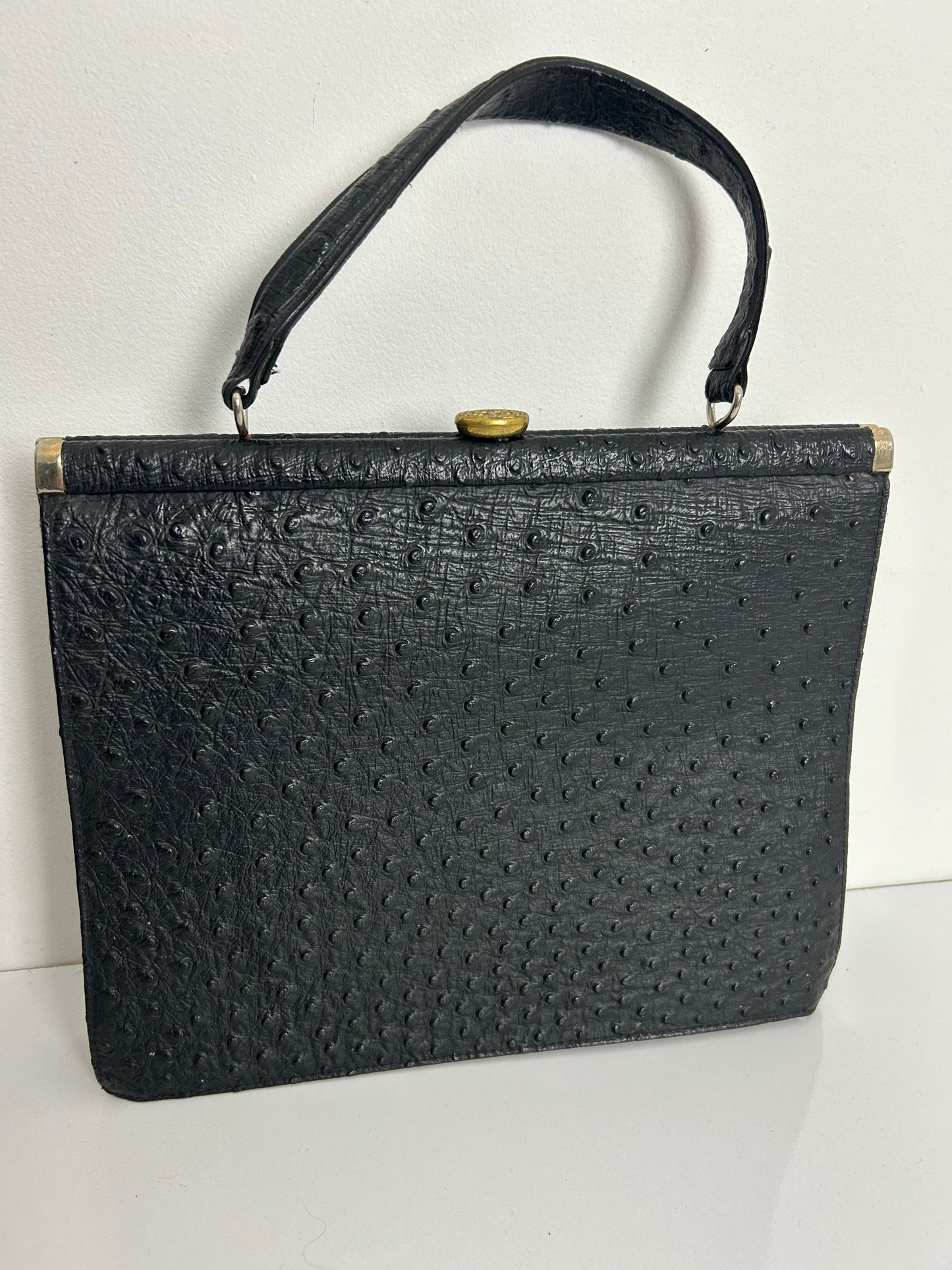 Vintage 1950s Black Ostrich Leather Kelly Style Handbag
