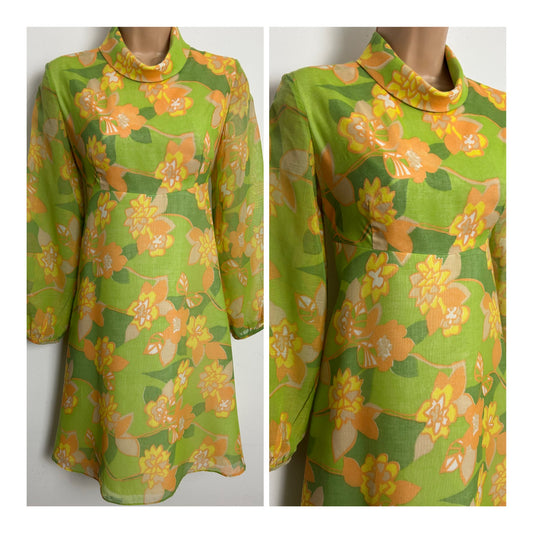 Vintage 1960s Size 8-10 Green Orange & Yellow Floral Print Cotton Mix Long Sleeve Mod Dress