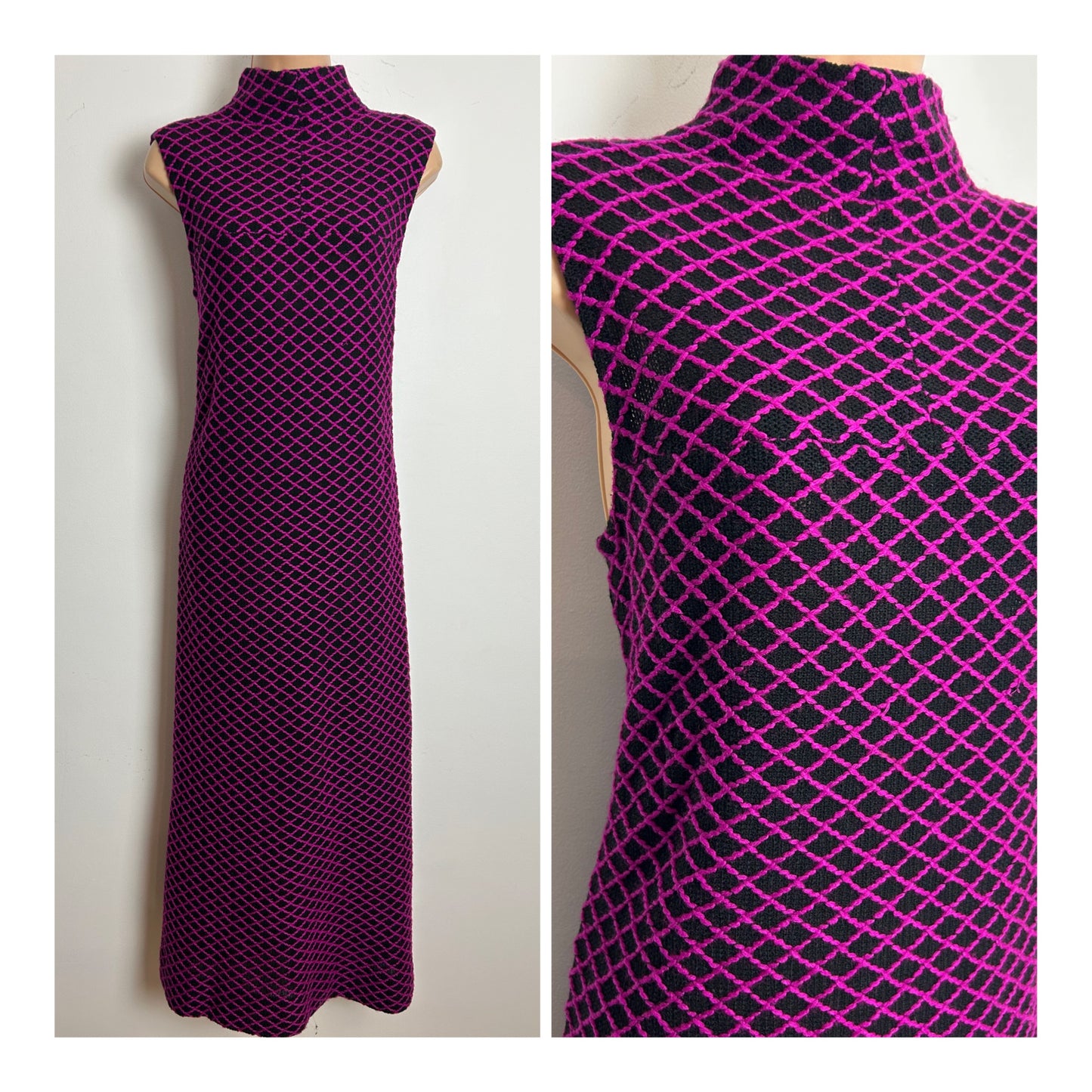 Vintage 1970s Size 12 Black & Dark Pink Diamond Grid Pattern Knitted Jersey Sleeveless Maxi Dress