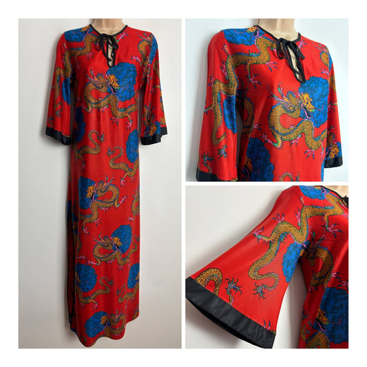 Vintage 1970s UK Size 8-10 Gorgeous Red Blue & Dark Orange Dragon Print Tie Neck Mid Sleeve Kaftan Style Maxi Dress