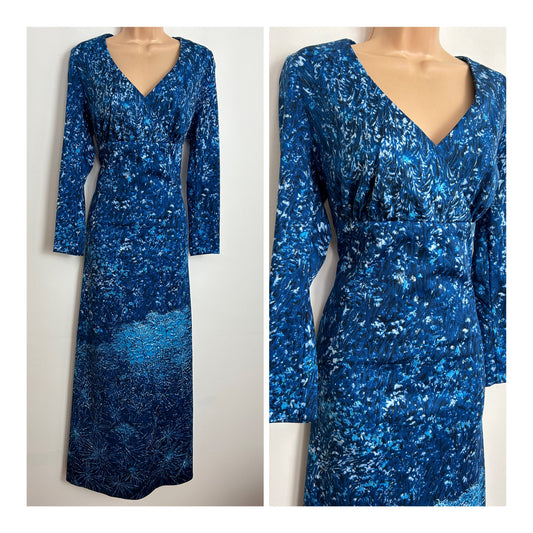 Vintage 1970s UK Size 14 Dark Blue Tones Abstract Print Long Sleeve Boho Maxi Dress