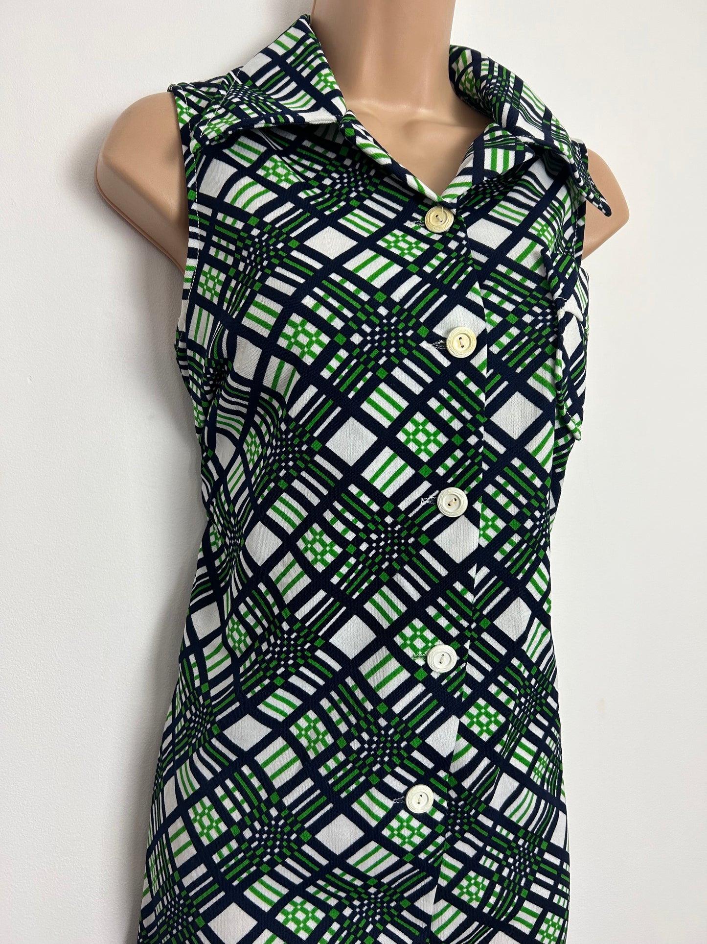 Vintage 1970s UK Size 12 ELIZABETH TEES Blue Green & White Check Print Sleeveless Mod Dress