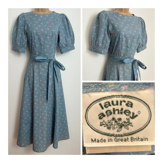 Vintage 1980s LAURA ASHLEY Size 6 (Size 10 On Label) Pale Blue & Pink Ditsy Floral Belted Dress