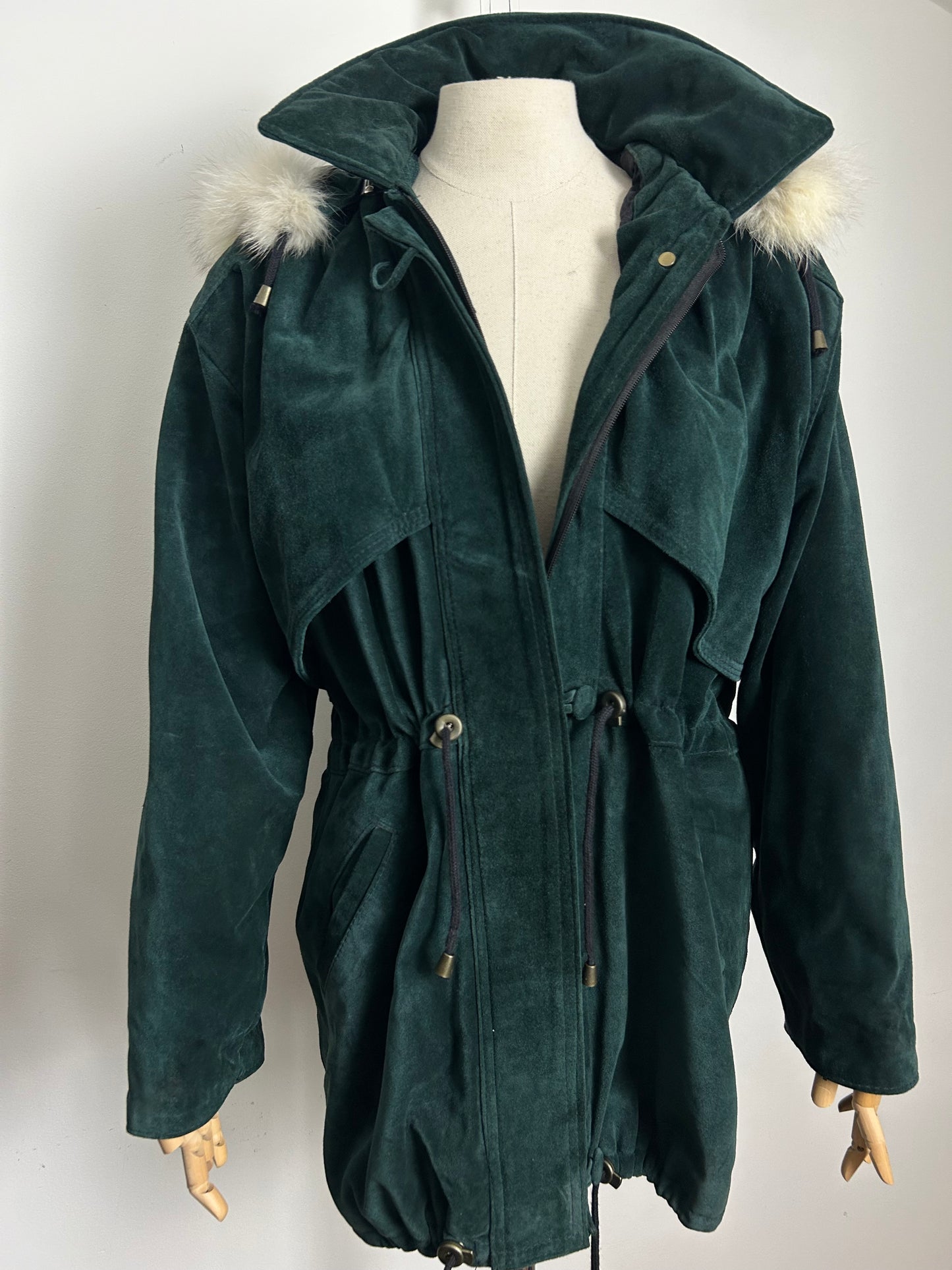 Vintage 1980s LEATHERSTIL ITALIAN Size 12-14 Dark Green Real Suede & Fur Trim Hooded Parka