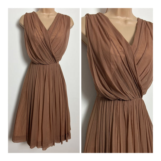 Vintage Early 1960s KITTY COPELAND Size 8 Caramel Brown Crepe Chiffon Occasion Party Dress