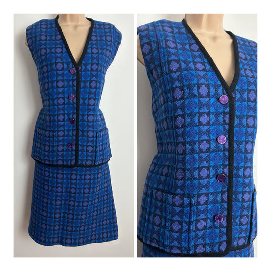 Vintage 1960s Size 12 WELSH TAPESTRY Blue & Purple Check Print Heavy Wool Two Piece Waistcoat & Skirt Suit