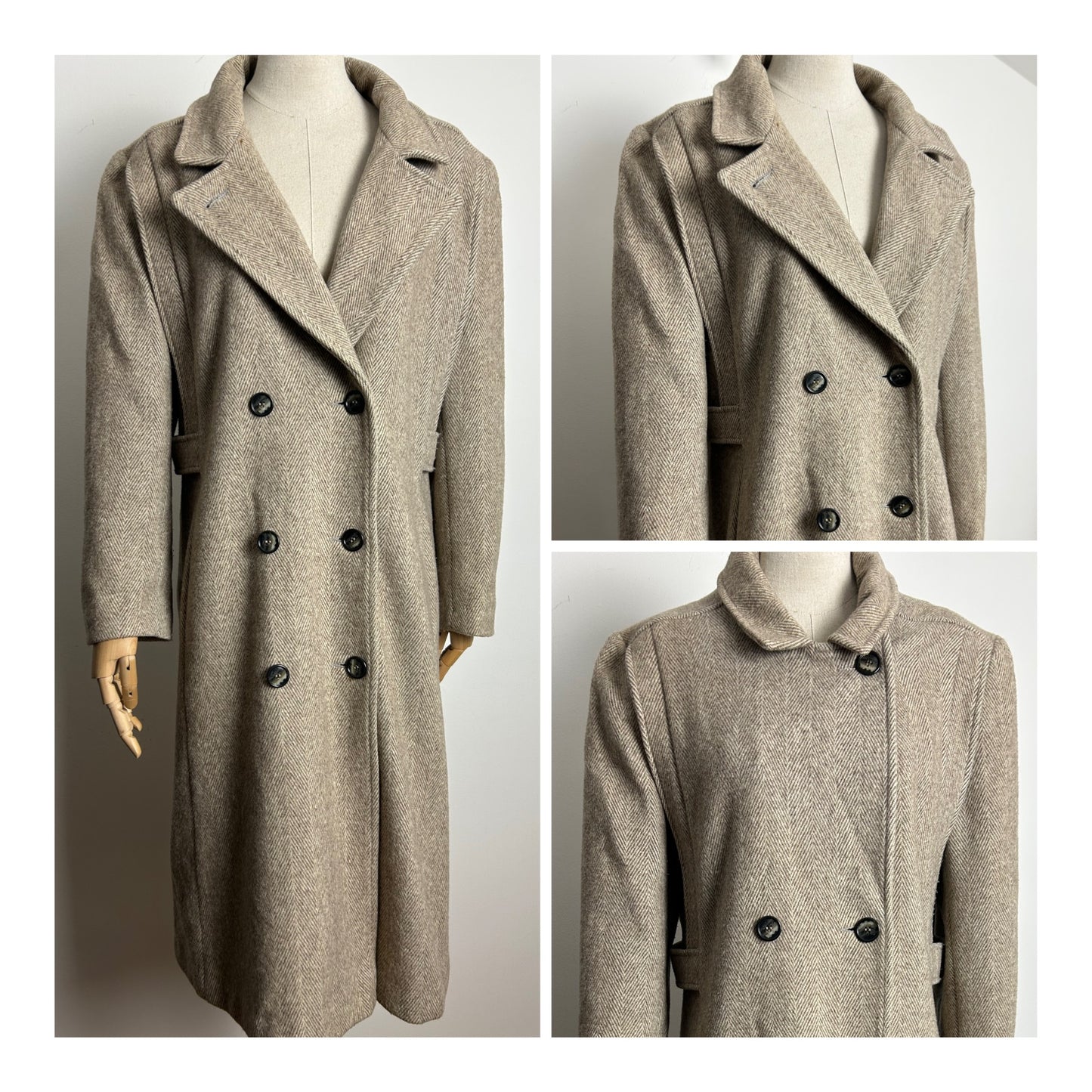 Vintage Early 1980s NOBLE FASHIONS UK Size 12-14 Beige Herringbone Pure New Wool Double Breasted Winter Coat
