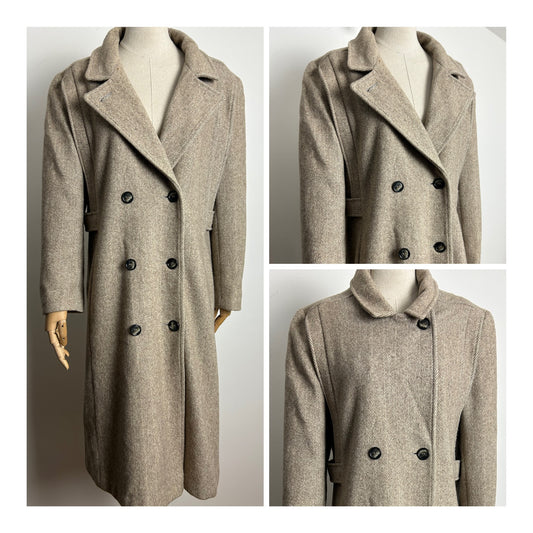 Vintage Early 1980s NOBLE FASHIONS UK Size 12-14 Beige Herringbone Pure New Wool Double Breasted Winter Coat