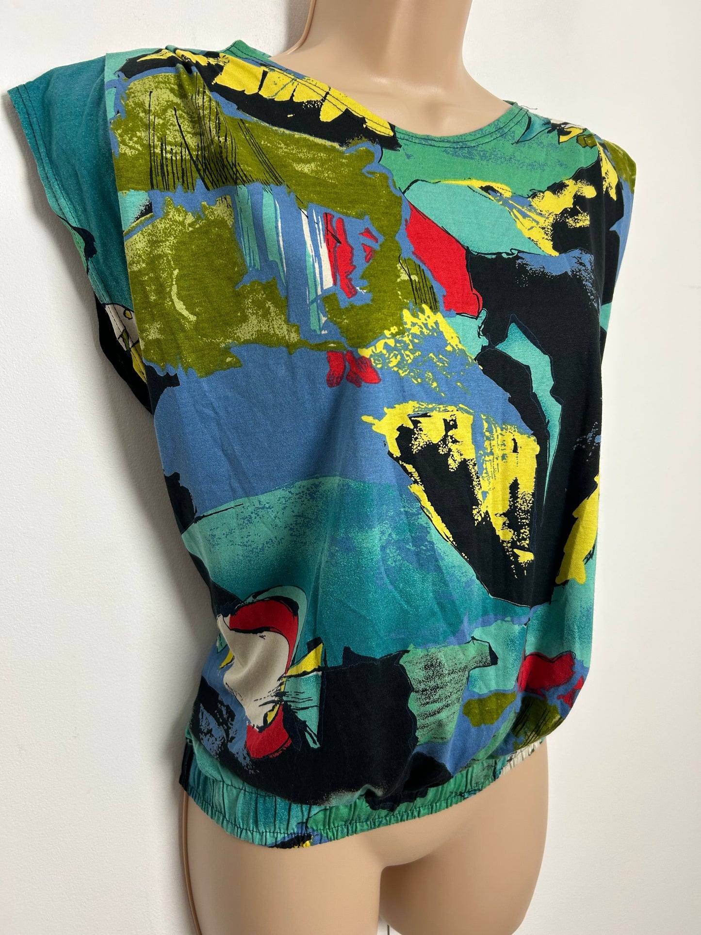 Vintage 1980s Size 14 Green Blue Black & Red Abstract Fish Print Cotton Mix Top