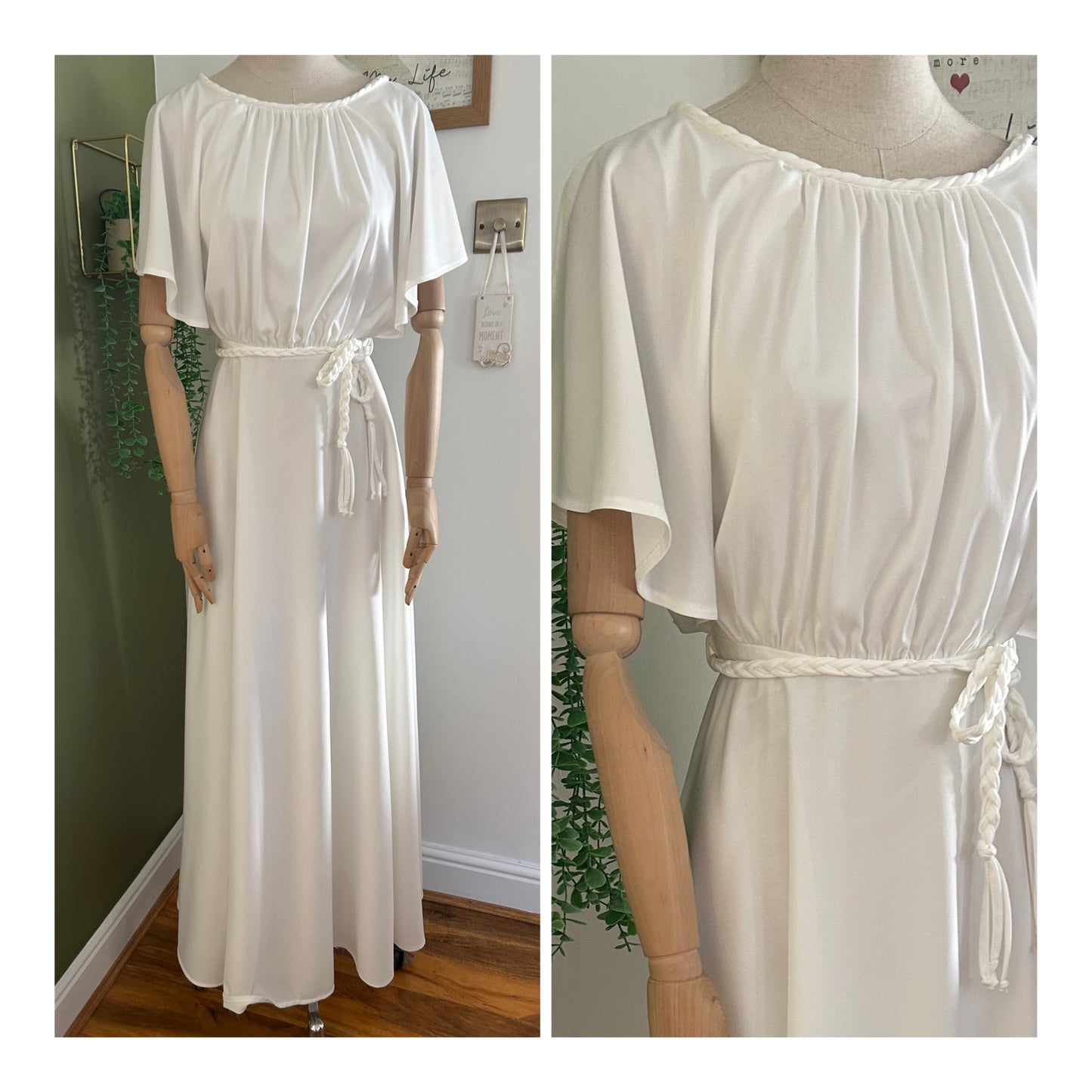 Vintage 1970s Size 6 White Flutter Sleeve Plaited Tie Belt Grecian Style Summer Maxi Dress