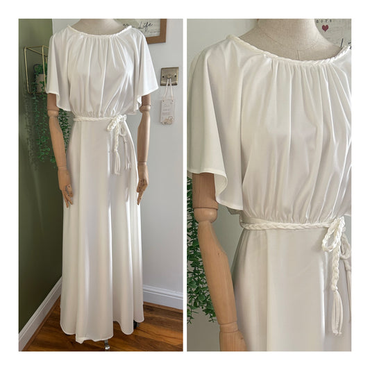 Vintage 1970s Size 6 White Flutter Sleeve Plaited Tie Belt Grecian Style Summer Maxi Dress