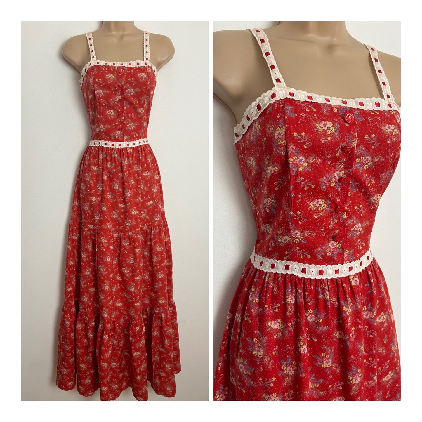 Vintage 1970s ABOUT NICK UK Size 4-6 Pretty Red Ditsy Floral Print Lace Trim 100% cotton Summer Prairie Maxi Dress