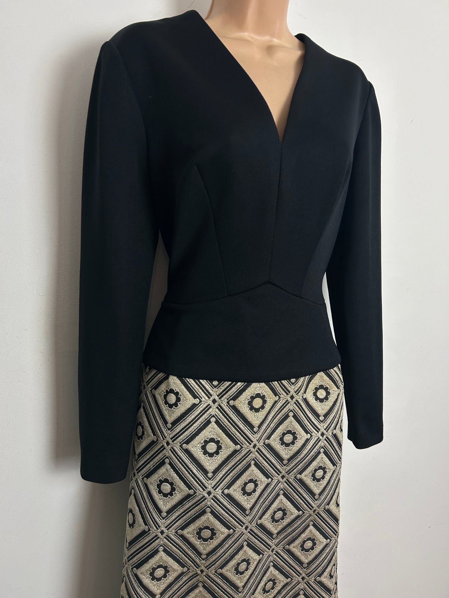Vintage 1960s CARNEIGIE OF LONDON Size 12 Black & Metallic Gold Peplum Occasion Evening Maxi Dress
