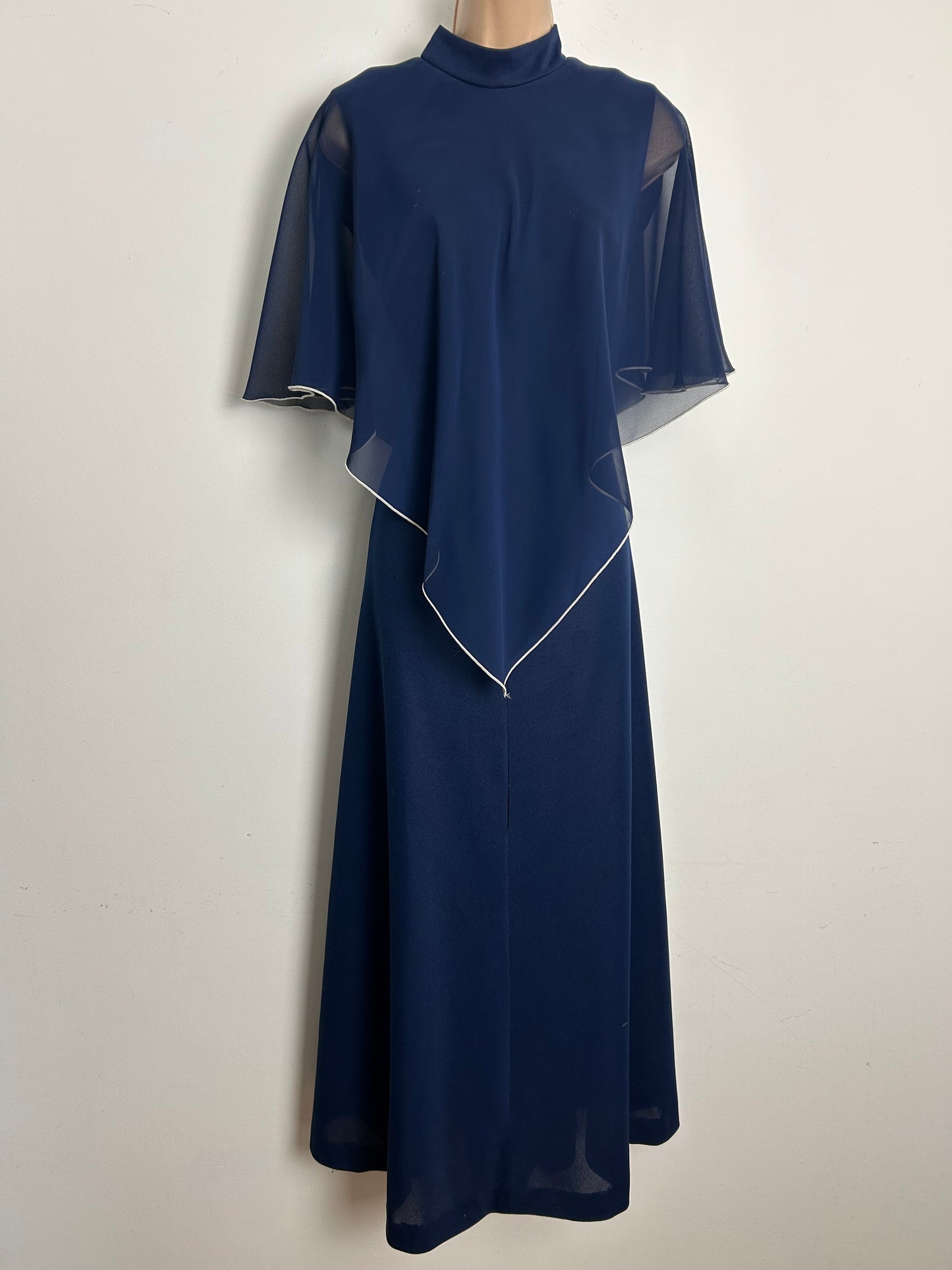 Vintage 1970s Size 10 Navy Blue Capelet Cape Sleeve Layered Boho Maxi Dress