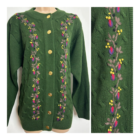 Vintage 1980s Up To Size 14 Dark Green Leaf Embroidered Wool Mix Cardigan
