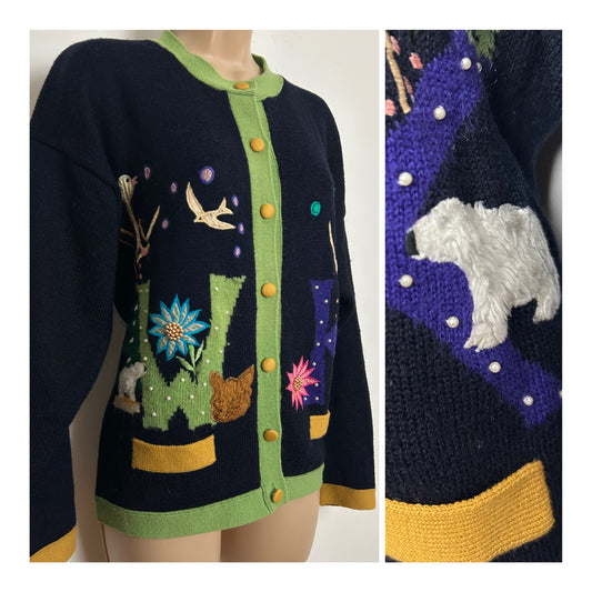 Vintage 1980s DECADE SIGNE KIABI Size 12/14 Black & Green Polar Bear Bird & Flowers Applique Detail Wool Cardigan