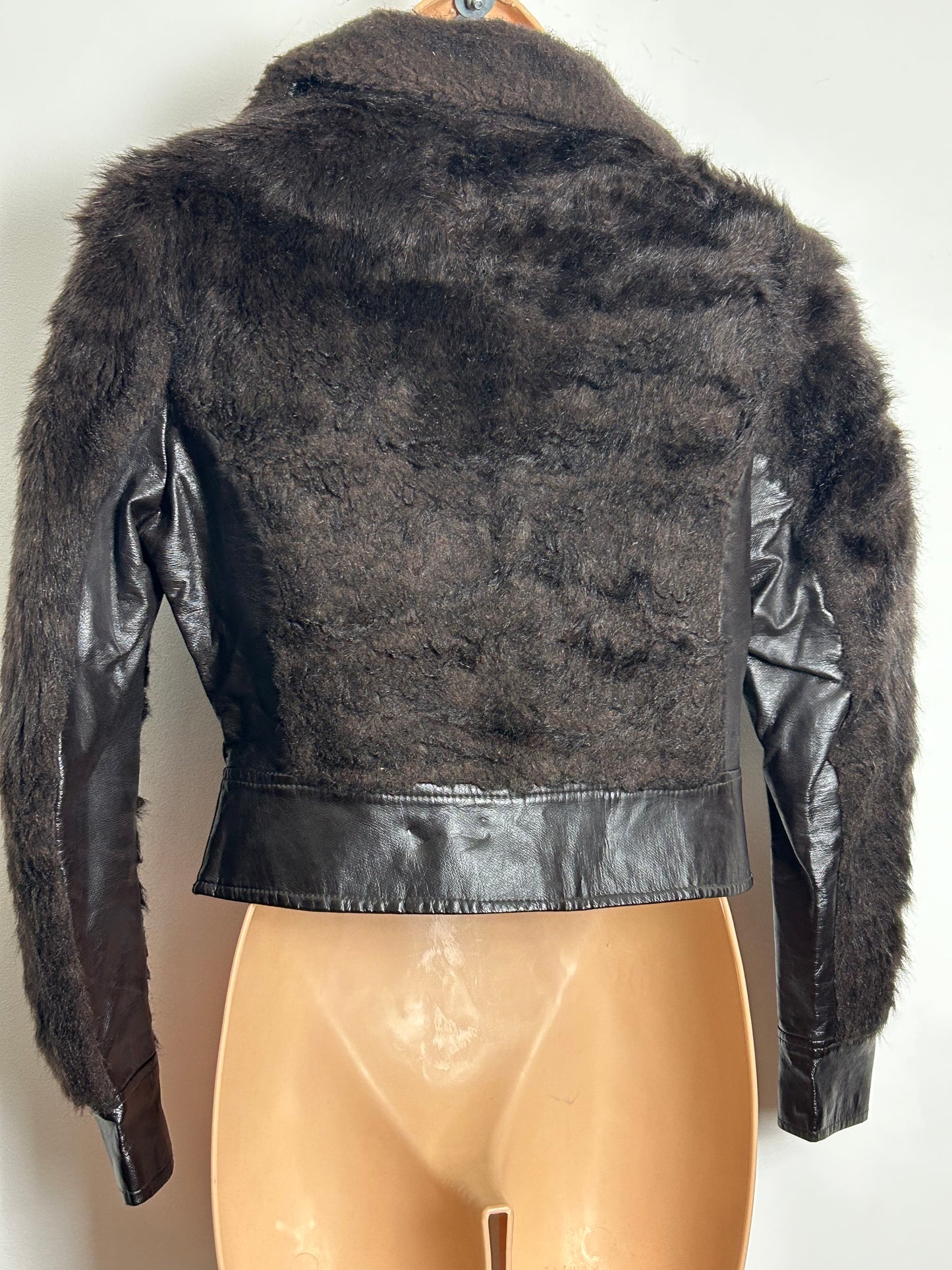 Vintage 1980s SCAN Size 10 Brown Faux Leather & Faux Fur Cropped Zip Up Jacket