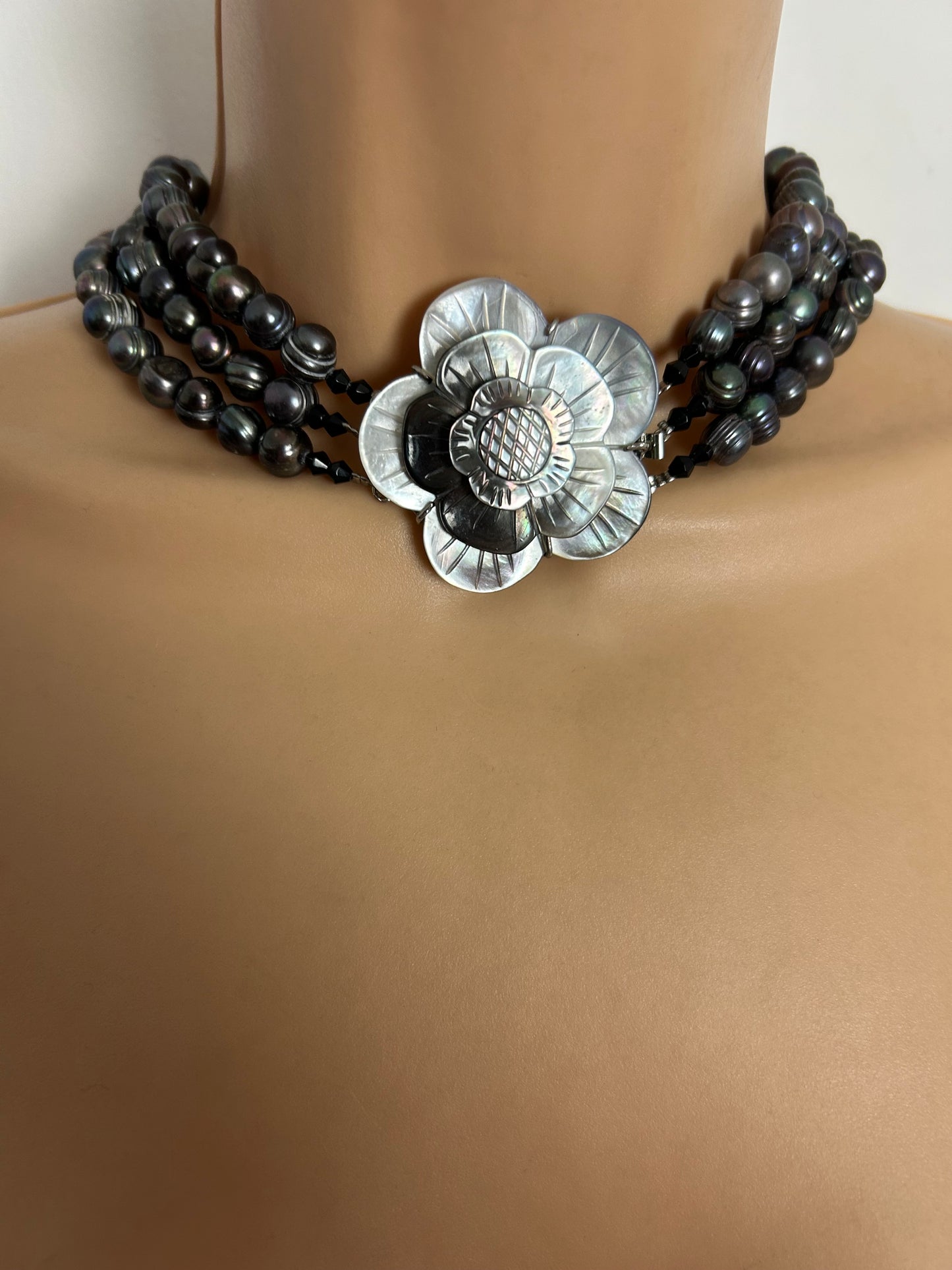 Beautiful Black Real Freshwater Baroque Pearl Multistrand Necklace With Mother Of Pearl Flower Clasp