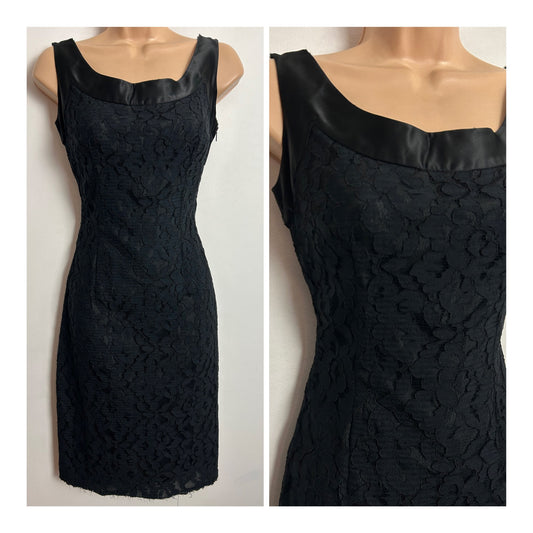 Vintage 1960s UK Size 6-8 Black Lace & Satin Trim Fitted Wiggle Little Black Dress