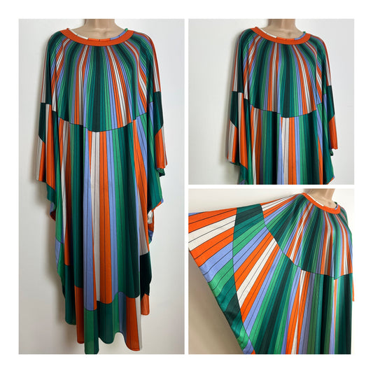 Vintage 1970s One Size Green Orange Blue & White Stripe Wide Sleeve Midi Length Kaftan