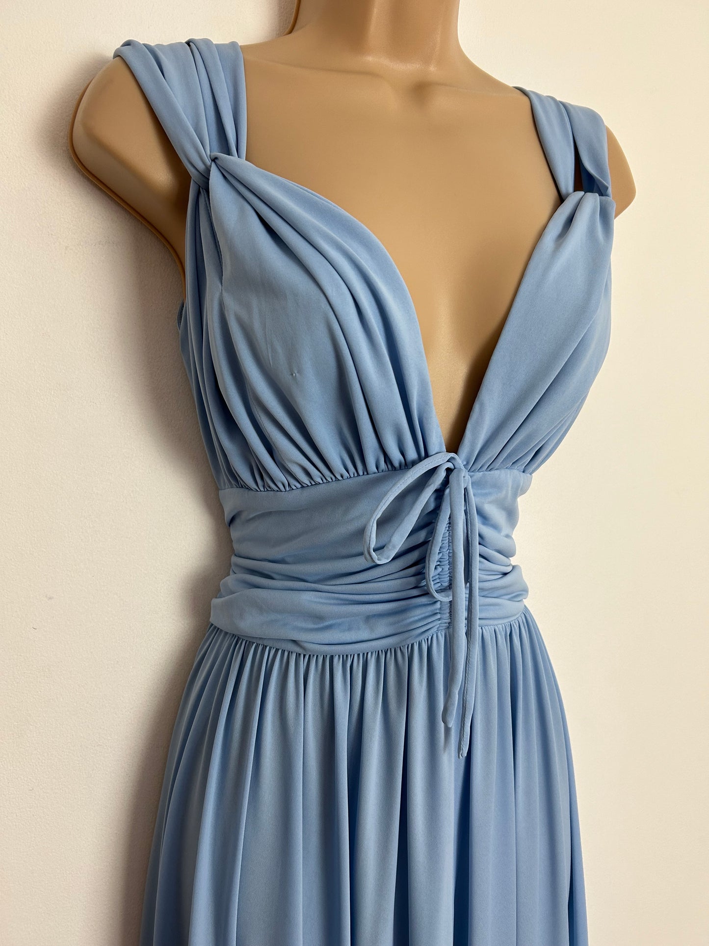 Vintage 1970s JOHN CHARLES UK Size 6-8 Beautiful Powder Blue Plunge Neck Special Occasion Maxi Dress