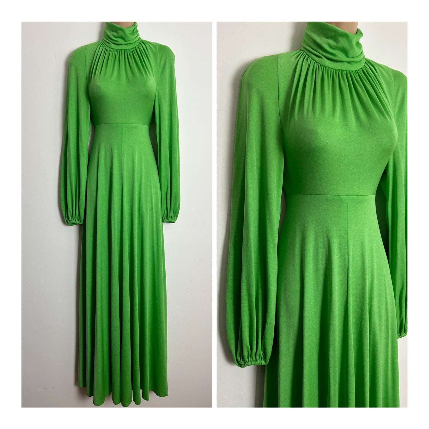 Vintage 1970s UK Size 6 Lime Green High Neck Long Balloon Sleeve Boho Maxi Dress