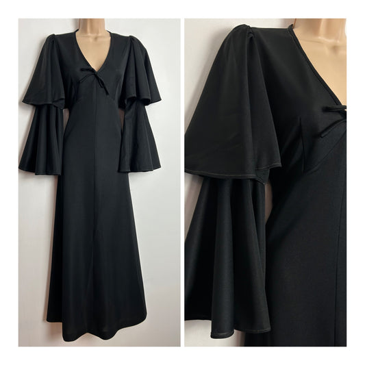 Vintage 1970s MISS T UK Size 8 Black Double Layered Flared Sleeve Dramatic Boho Evening Maxi Dress