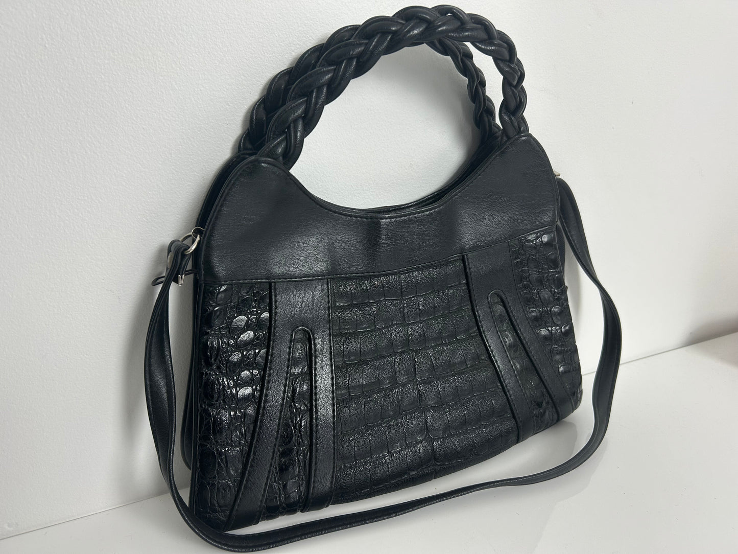 Vintage 1970s Lovely Soft Supple Black Mock Croc Leather Shoulder Or Handbag