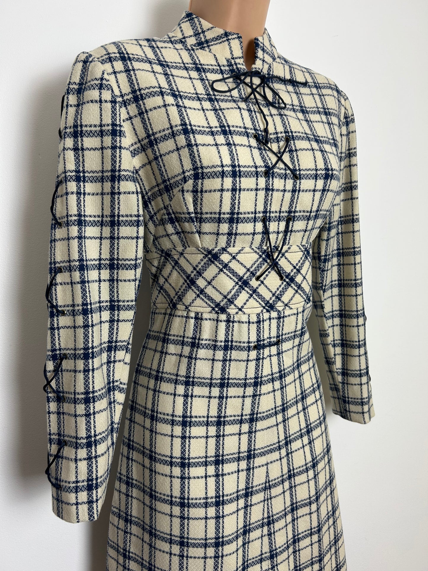 Vintage 1960s Size 8 Cream & Blue Check Pattern Wool Long Sleeve Lace Up Detail Mod Dress