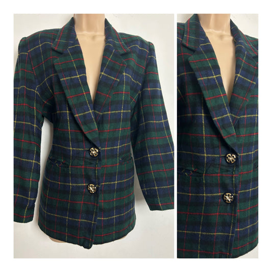 Vintage 1980s Size 12-14 SUPREME Dark Green Tartan Check Wool Mix Blazer
