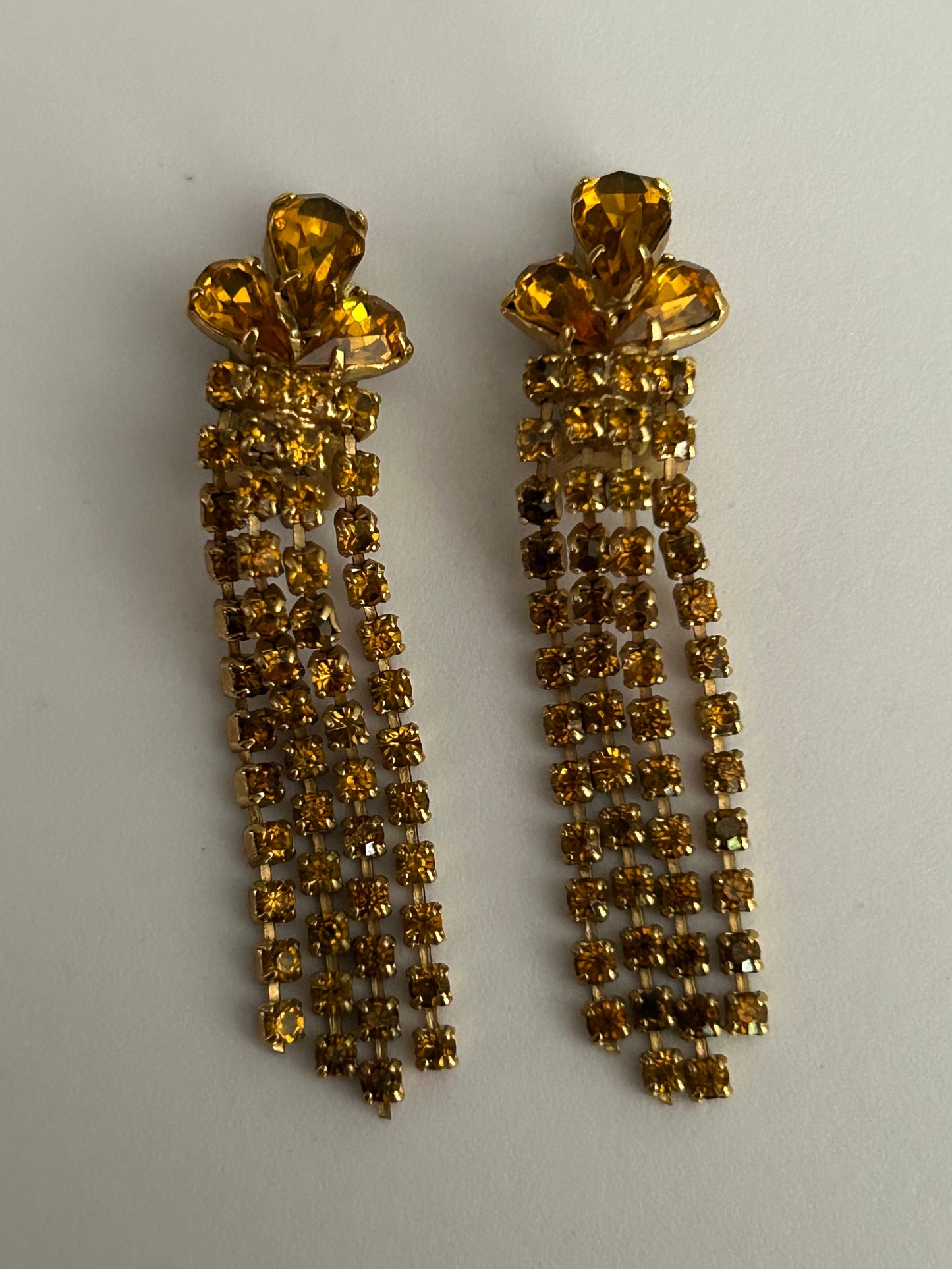 Vintage Gold Tone & Amber Colour Glass & Diamante Set Tassel Strand Clip On Dangle Earrings