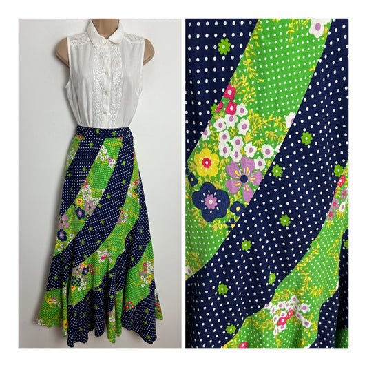 Vintage 1970s UK Size 4 Navy Blue & Green Floral & Polka Dot Print Cotton Mix Panel Boho Maxi Skirt