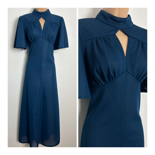 Vintage 1970s Size 10 Petrol Blue Keyhole Cut Out Short Flared Sleeve Maxi Dress
