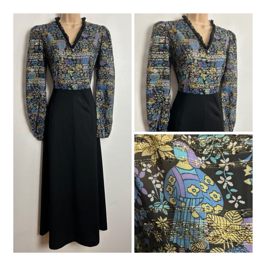 Vintage 1970s DL BARRON UK Size 8 Black Blue Purple & Gold Lurex Courtier Novelty Print Evening Maxi Dress