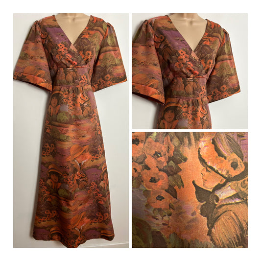 Vintage 1970s UK Size 10 Gorgeous Brown & Orange Tones Floral, Lake Scene & Faces Novelty Print Wide Sleeve Maxi Dress