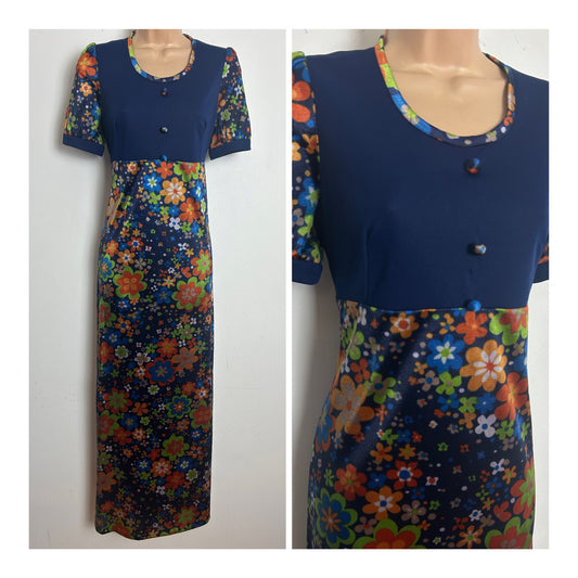 Vintage 1970s Size 8 Navy Blue Orange & Green Floral Print Short Sleeve Maxi Dress