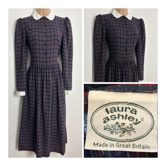 Vintage 1980s LAURA ASHLEY UK Size 8 (10 On Label) Purple Red & Green Tartan Check Print Wool Mix Day Dress